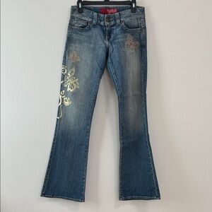Guess Blue Flare Jeans with Beaded Butterflies Floral Design Stretch Size 28